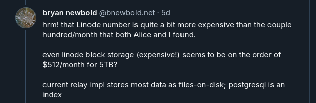 Bryan Newbold pulling up estimate of Linode's block storage costs being about $512/month for files-on-disk hosting