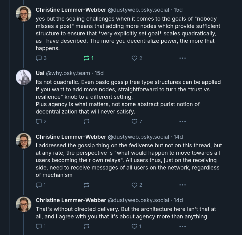 A conversation between myself and @why.bsky.team where I claim Bluesky's decentralization scaling costs are quadratic and @why.bsky.team disagrees