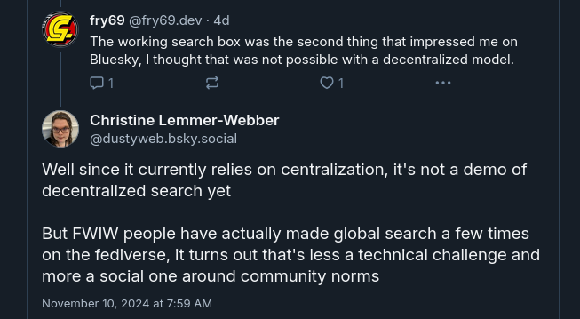 Conversation where a user seems to think Bluesky search is happening in a decentralized way